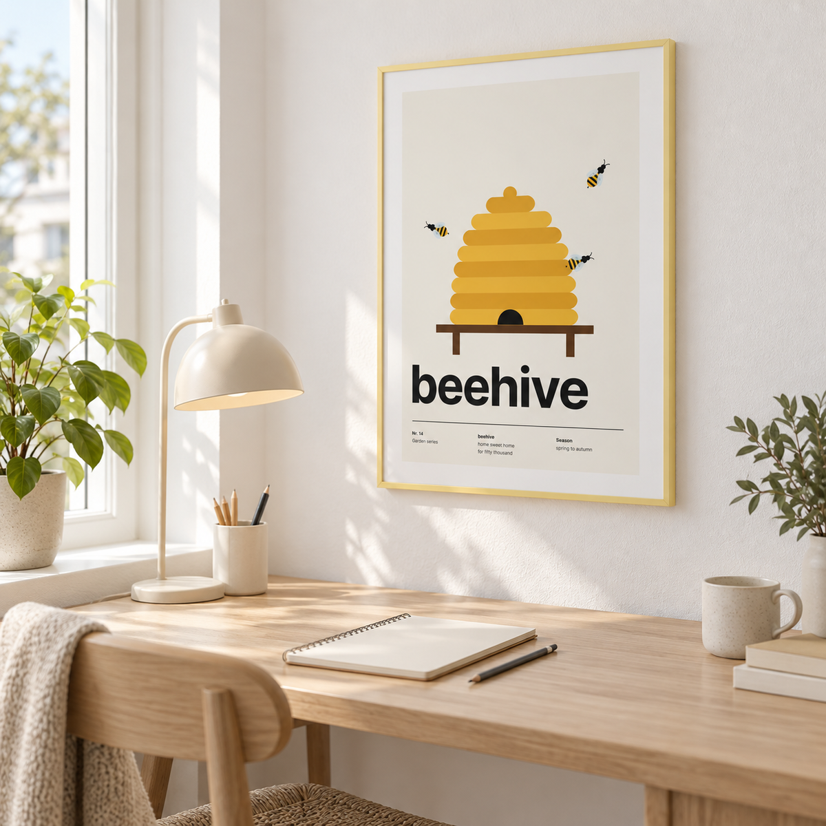 Swiss style bee skep print above a desk in a sunny study