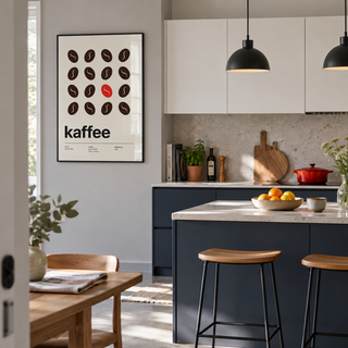 Dark coffee beans with one red bean print in a kitchen against a navy wall