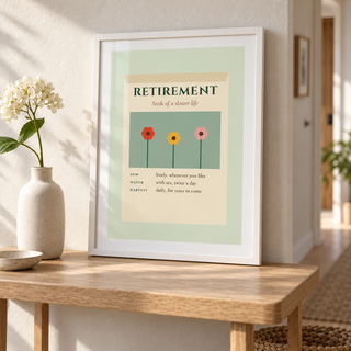 Garden retirement print above a console table in a hallway