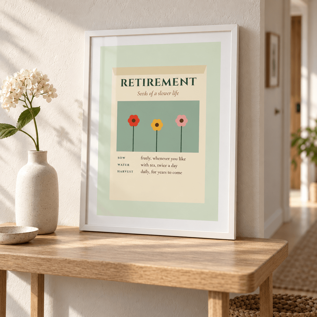 Garden retirement print above a console table in a hallway