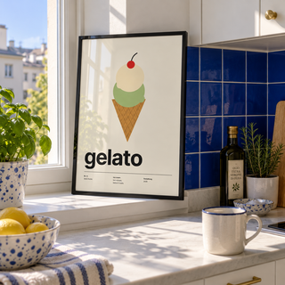 Swiss style ice cream typography print in a kitchen window against a cobalt wall