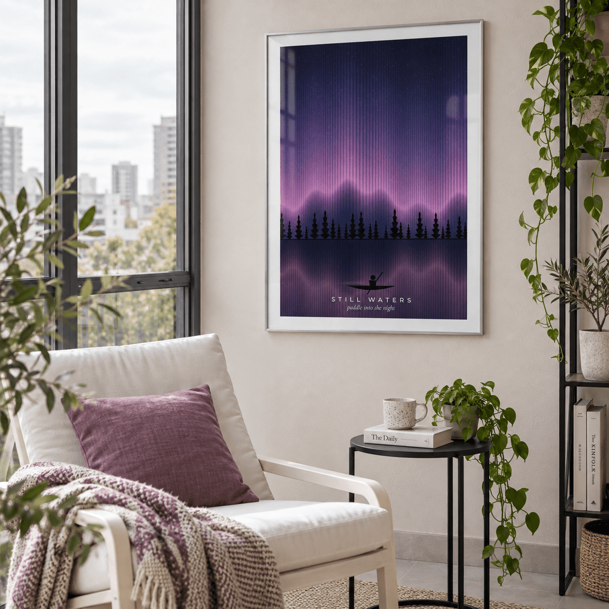 Lone canoe under the aurora print in a sunroom