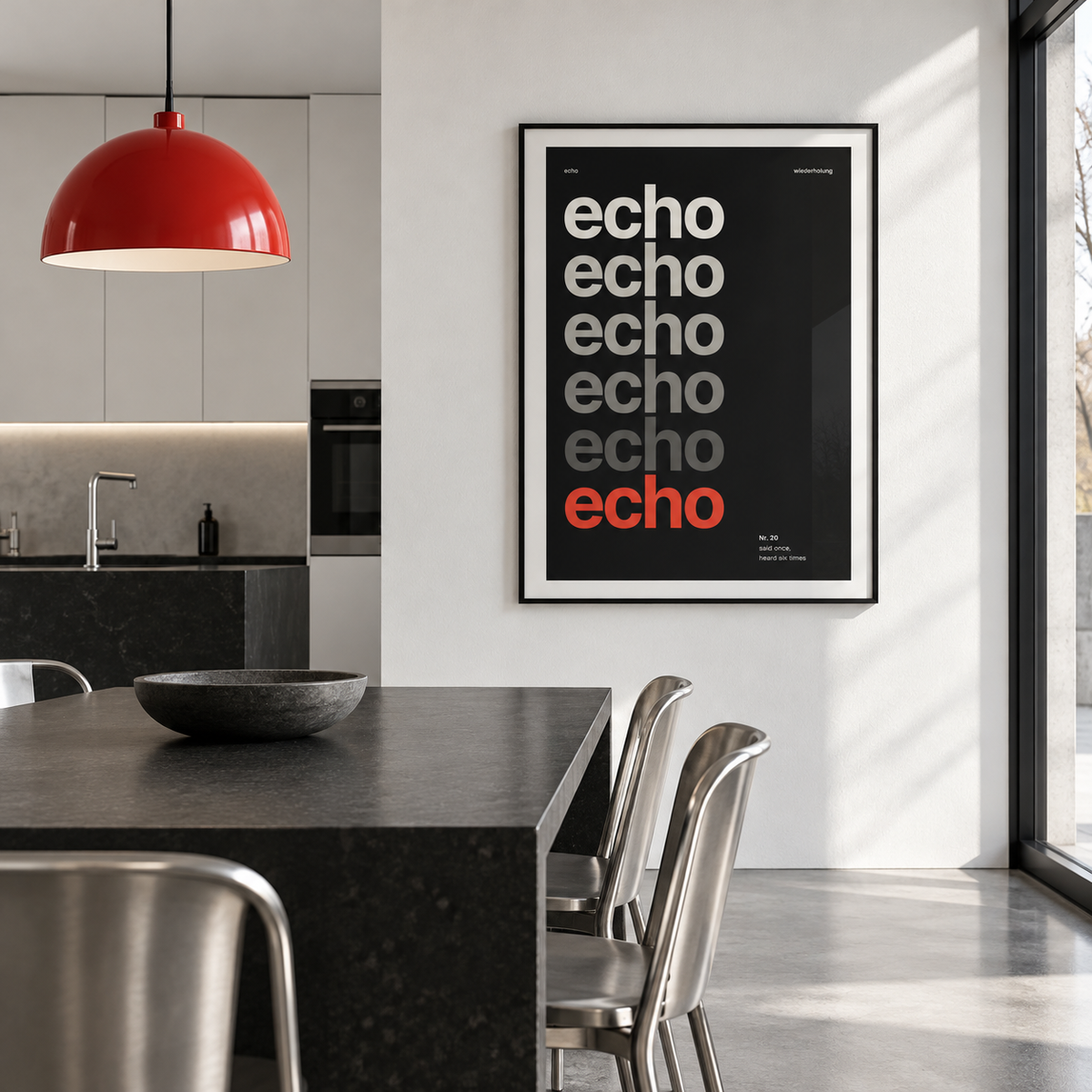 Black and cream word art print on the wall of a kitchen diner