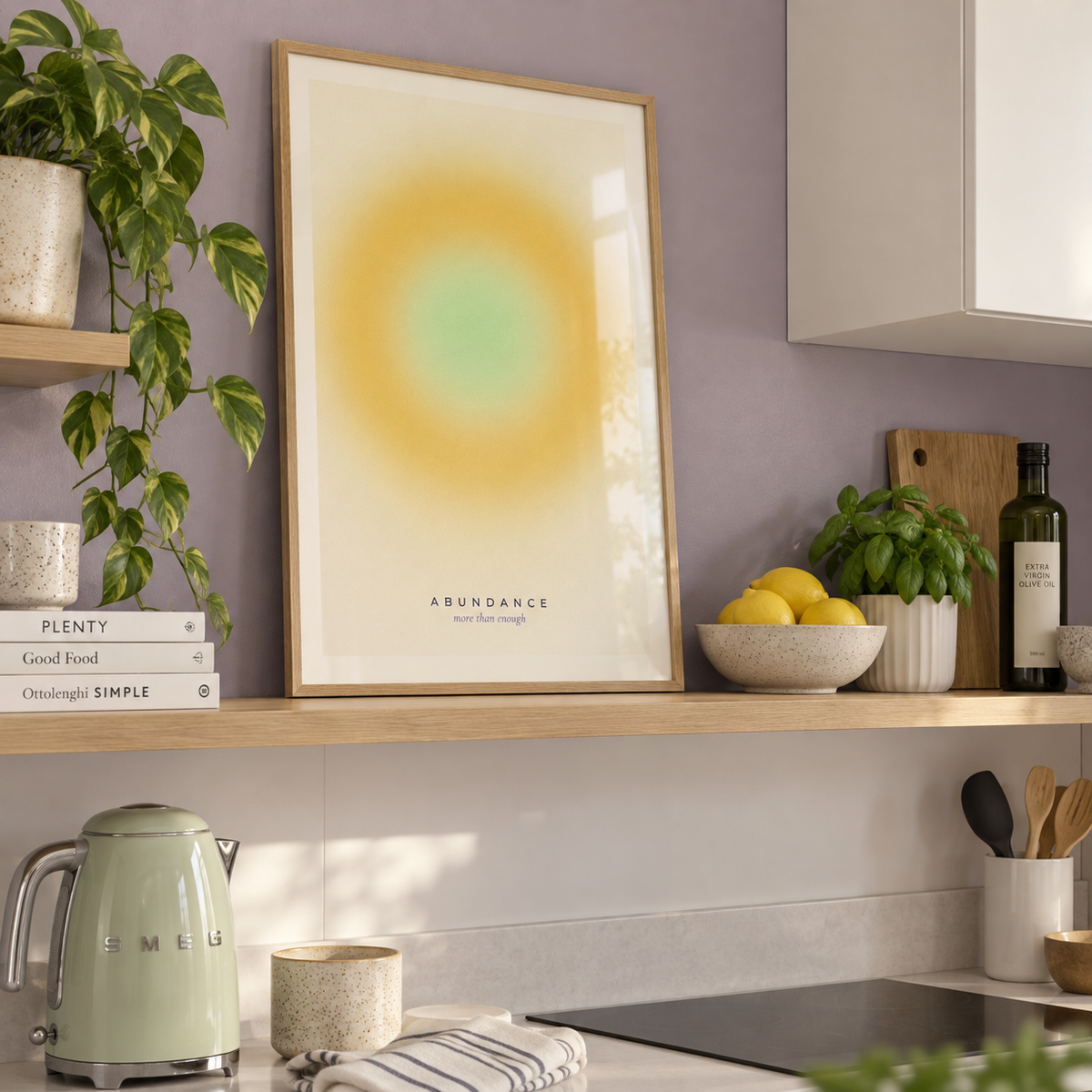 Warm yellow gradient print on a shelf in a kitchen against a lavender wall