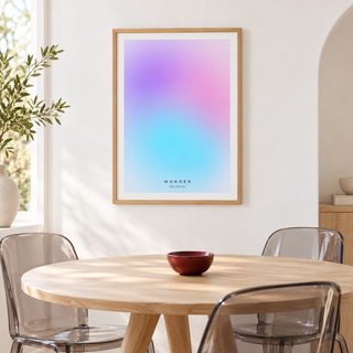 Dreamy purple to blue gradient print in a dining alcove