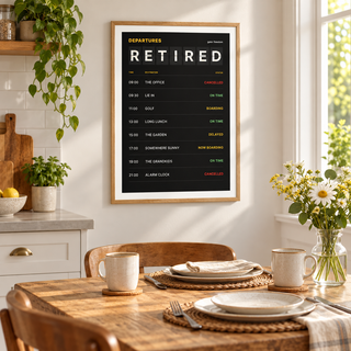 Funny retired departures print above a breakfast table in a family kitchen