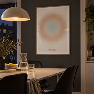 Warm sand gradient print with sage centre in a dining nook against a charcoal wall