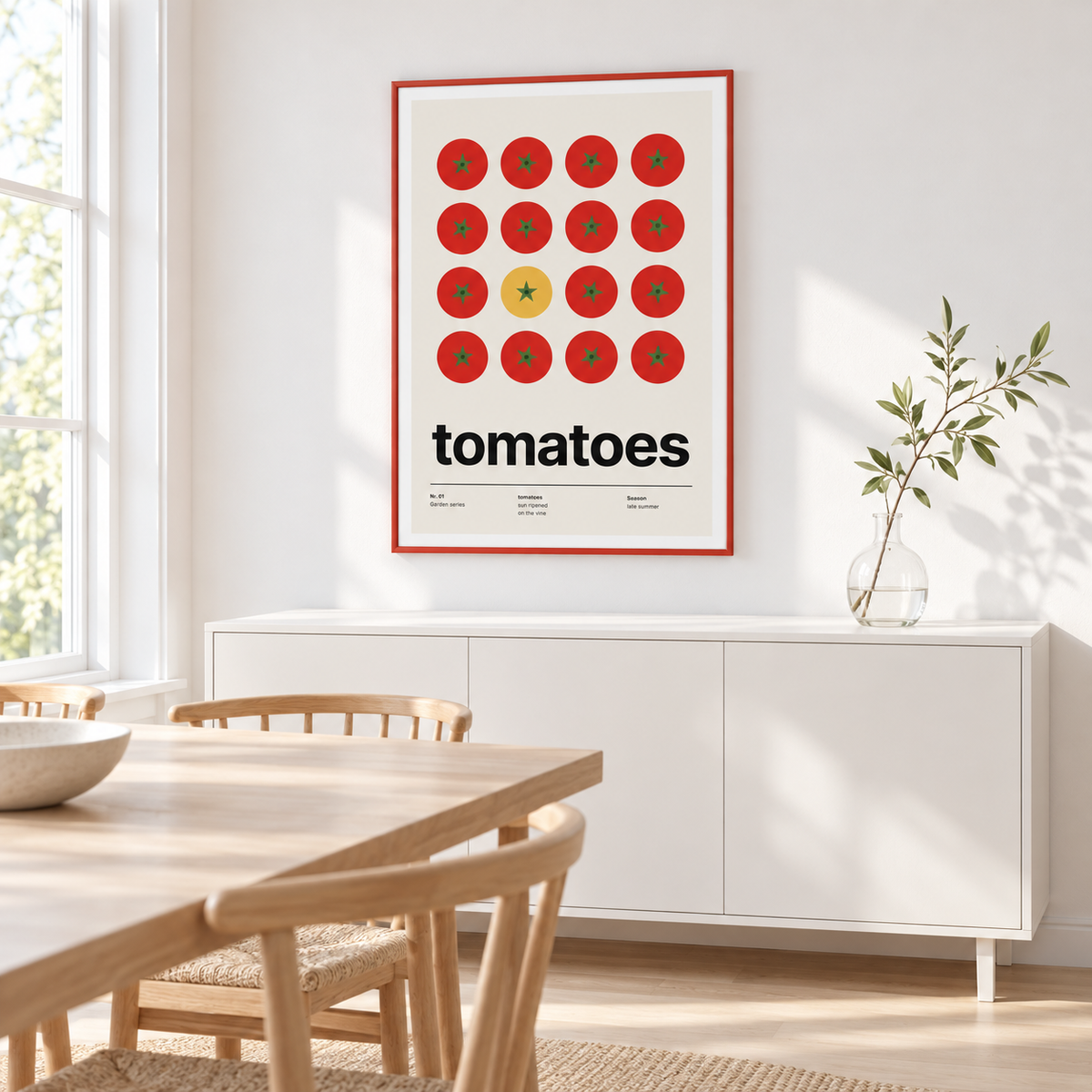 One yellow tomato among red ones above a wooden sideboard in a dining room