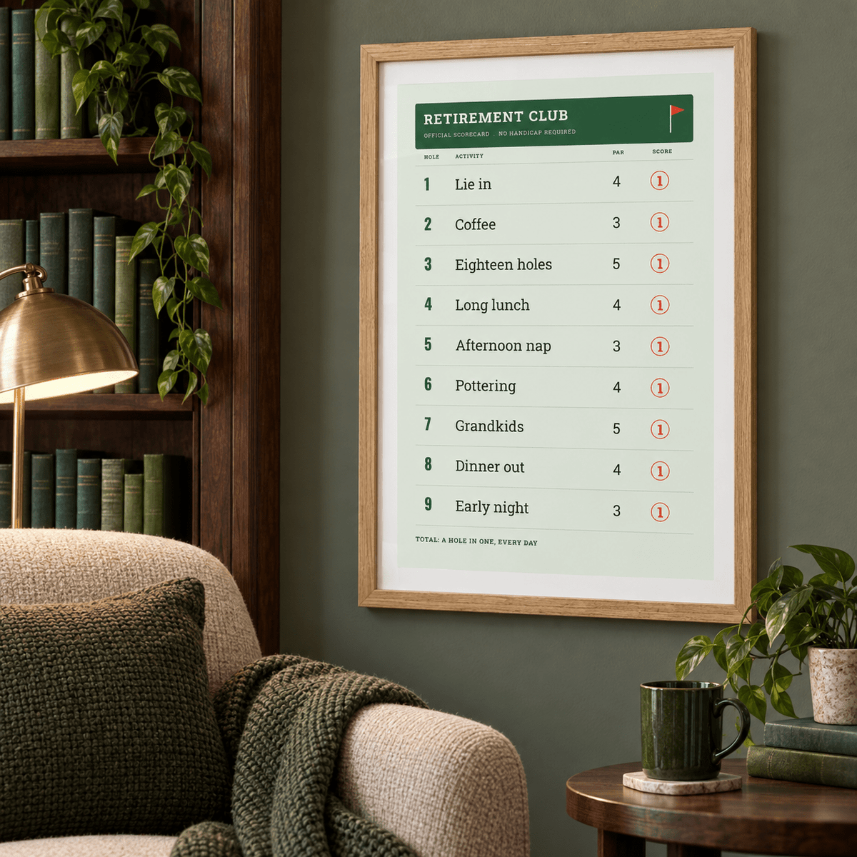 Funny golf retirement print in a home library with wooden shelves