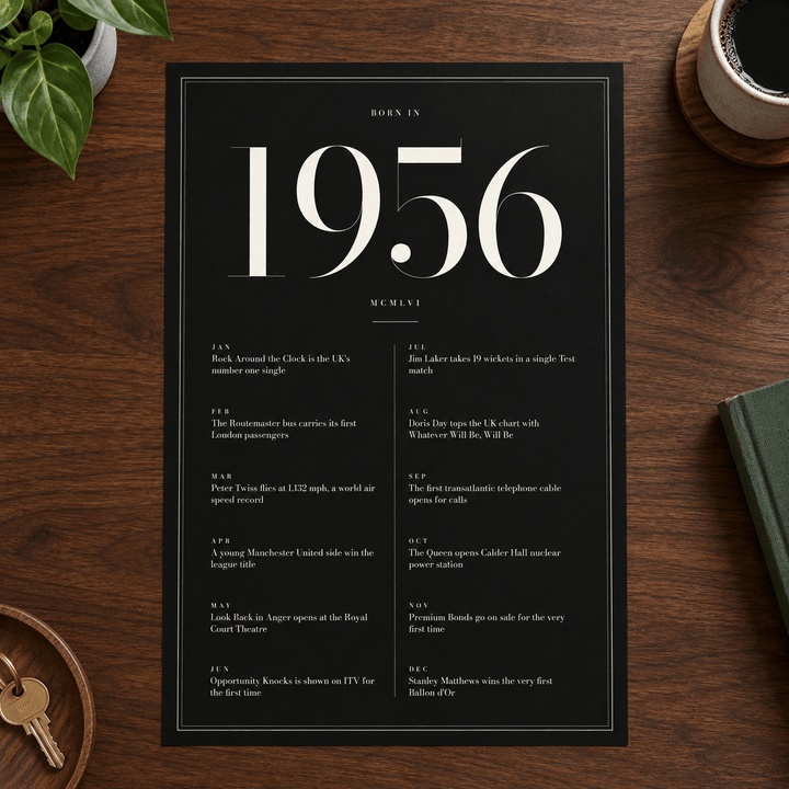 Close view of the elegant 1956 print with twelve monthly moments on matte paper