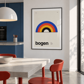 Bauhaus style arch print on the wall of a kitchen diner