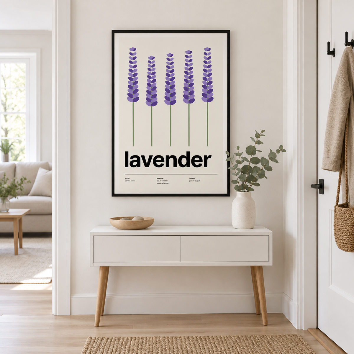 Swiss style lavender print above a console table in a hallway