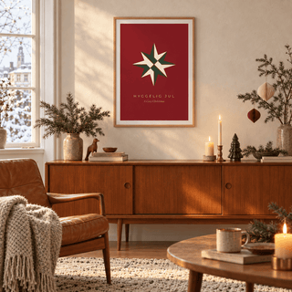 Red and green star print in a living room at Christmas