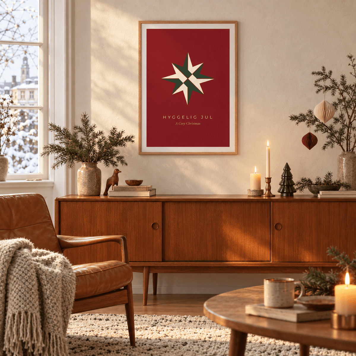 Red and green star print in a living room at Christmas