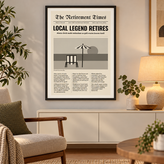 Funny retirement newspaper print above a sofa in a relaxed living room