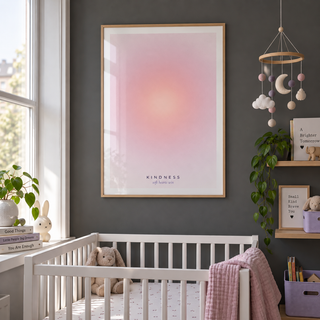 Warm pink gradient print in a nursery against a charcoal wall