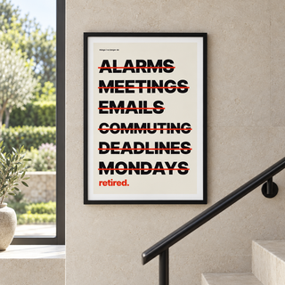 Happy retirement list print on a staircase wall in a family home