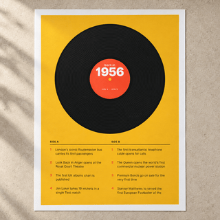 Close view of the retro 1956 print with a two sided tracklist on matte paper