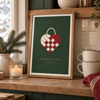 Red and cream heart print in a kitchen shelf at Christmas