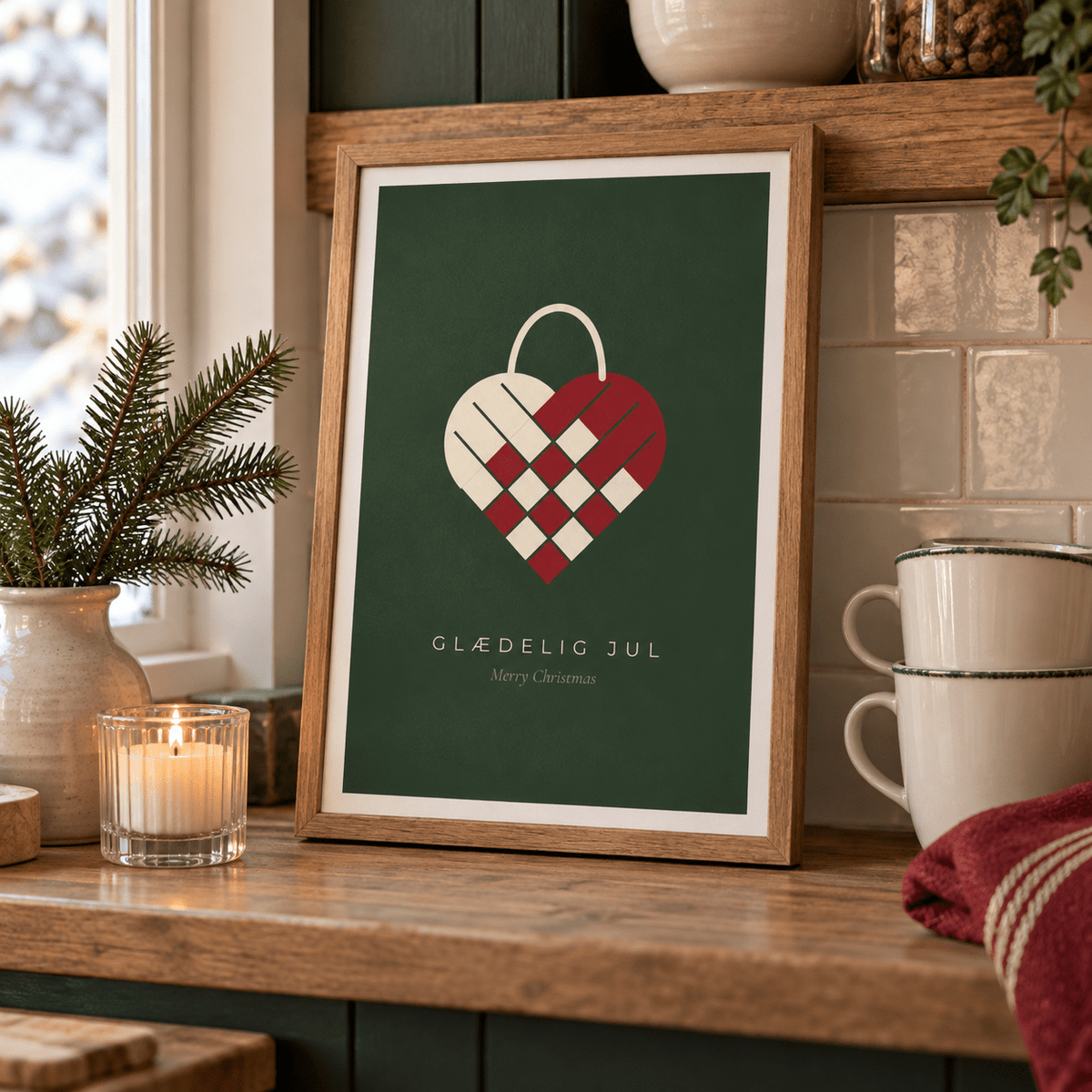 Red and cream heart print in a kitchen shelf at Christmas