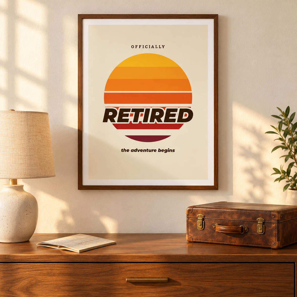 Officially retired sunset print above the bed in a calm bedroom