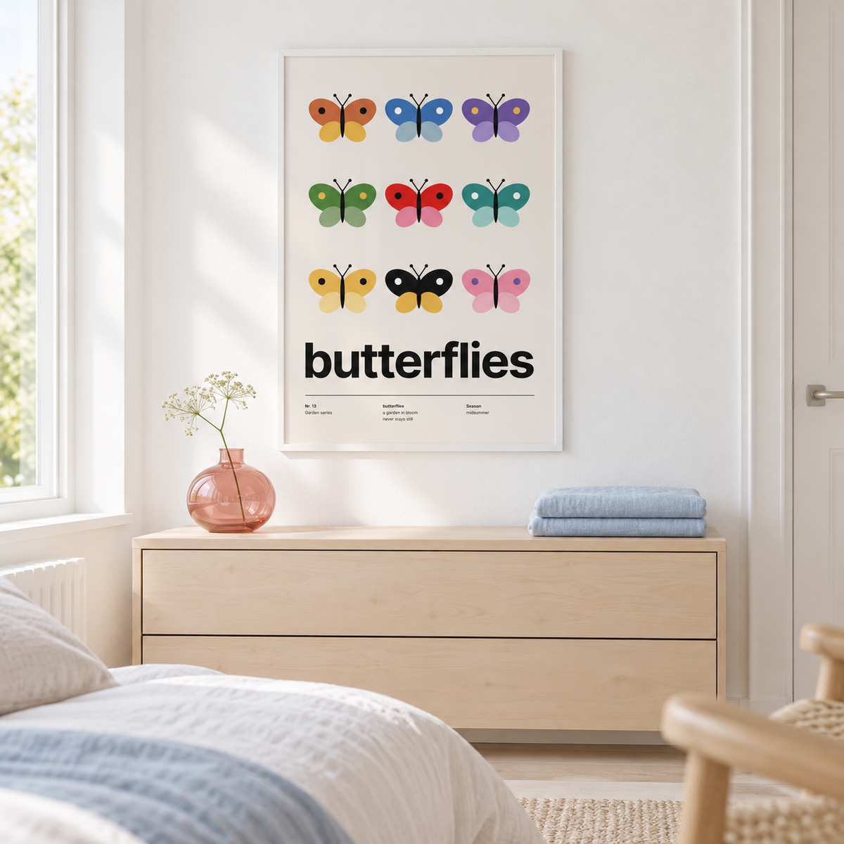 Swiss style butterfly grid print above the bed in a calm bedroom