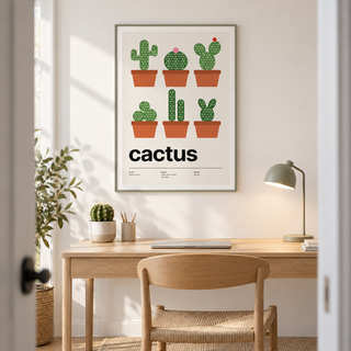 Swiss style cactus print above a desk in a bright home office
