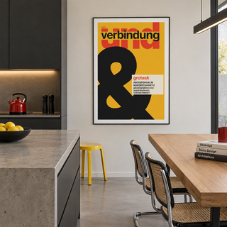 Swiss style ampersand typography print on the wall of a kitchen diner