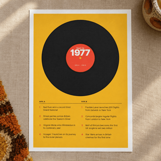 Close view of the retro 1977 print with a two sided tracklist on matte paper