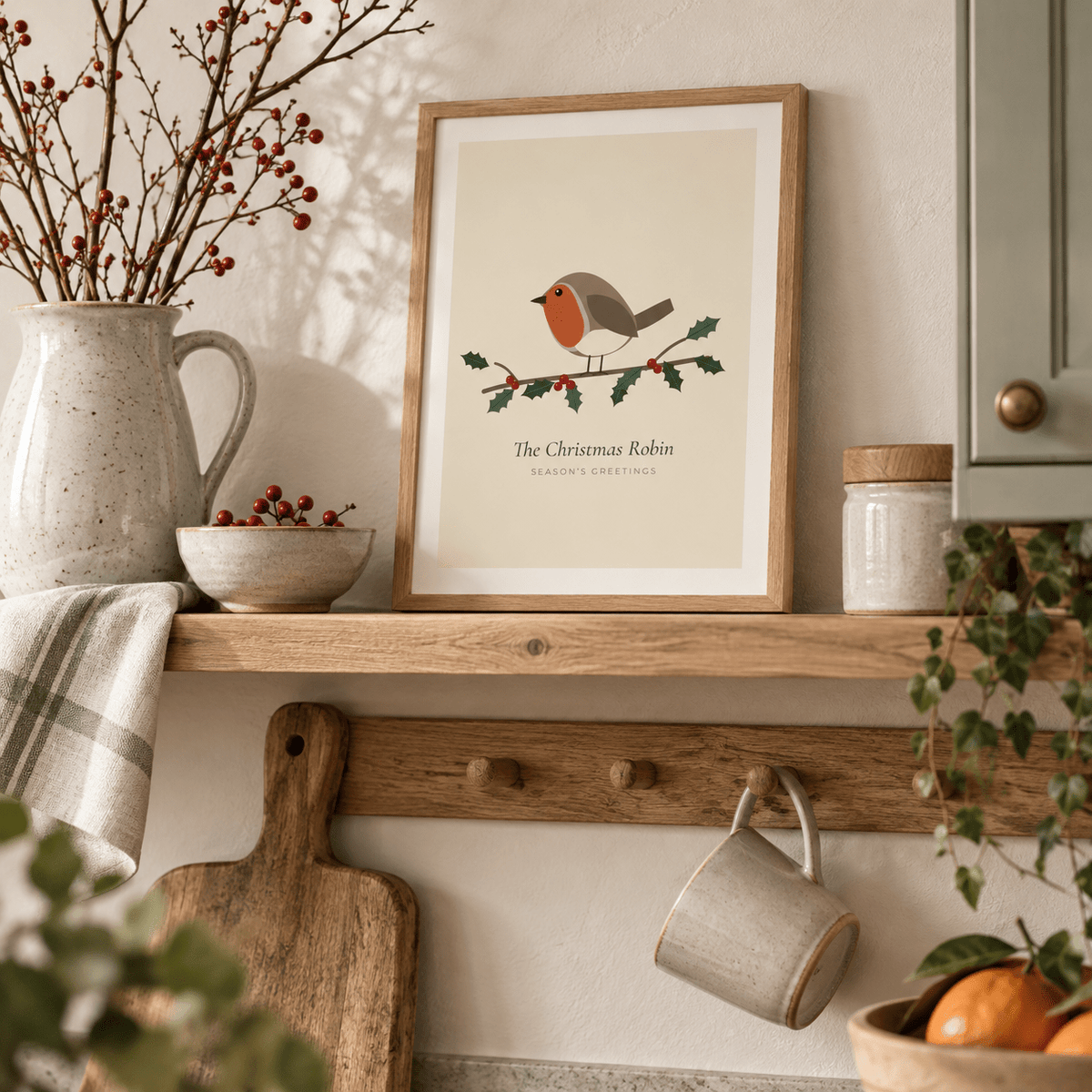 Festive garden bird print in a kitchen shelf at Christmas