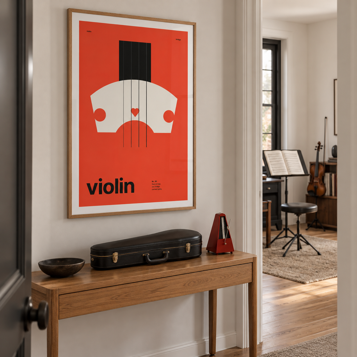 Swiss style violin print in a music room hallway