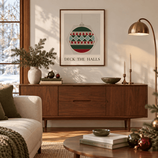 Red and green bauble print in a midcentury living room at Christmas
