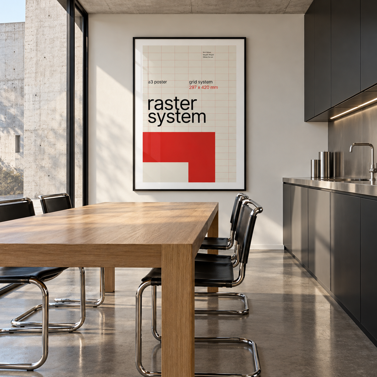 Raster system typography print on the wall of a kitchen diner