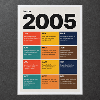 Close view of the 2005 birth year print in retro tile colours on matte paper