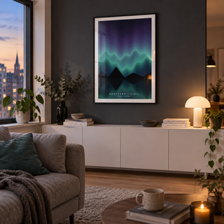 Teal aurora over mountains and water print in a living against a charcoal wall