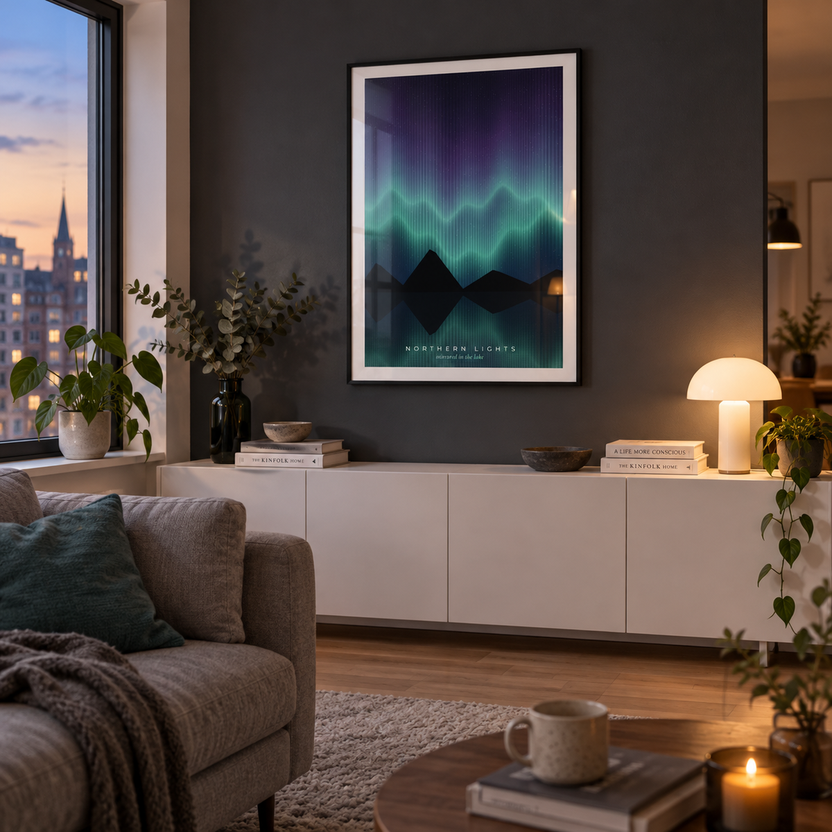 Teal aurora over mountains and water print in a living against a charcoal wall