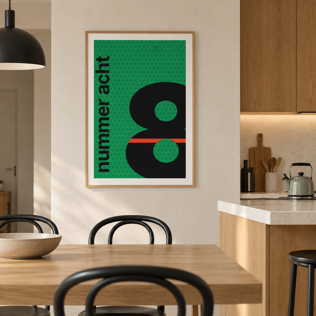 Swiss style number poster on the wall of a kitchen diner