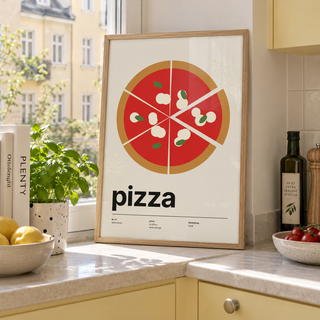 Swiss style pizza typography print in a kitchen window against a yellow wall