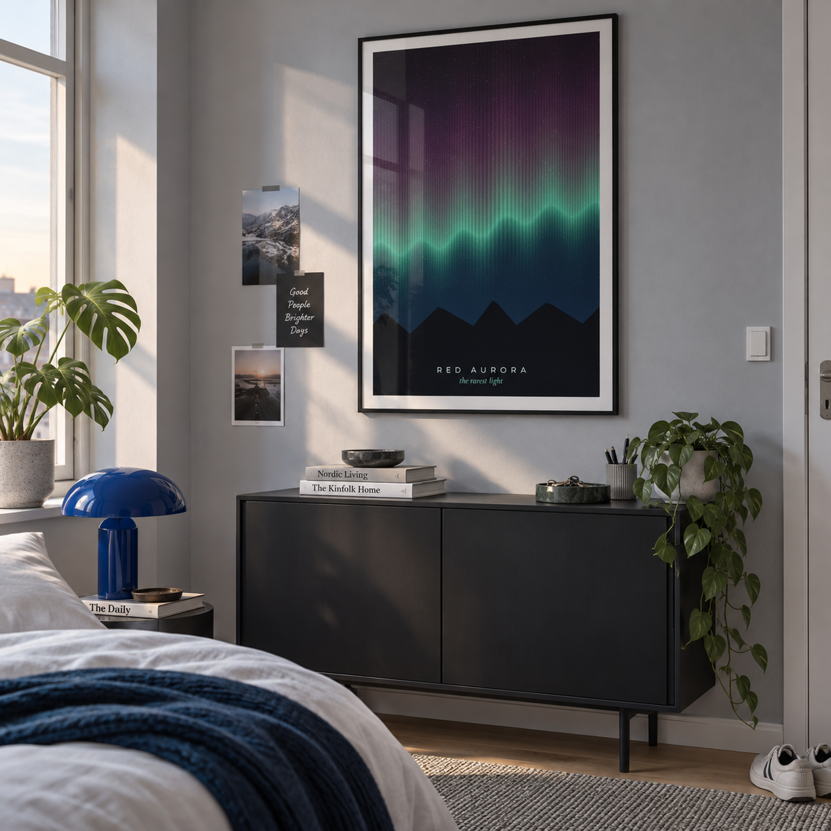 Crimson and green northern lights print in a bedroom against a grey wall