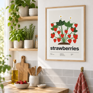 Swiss style strawberries print in a kitchen with open shelves and herbs
