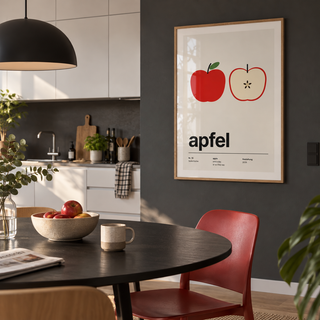 Swiss style apple typography print in a dining kitchen against a charcoal wall