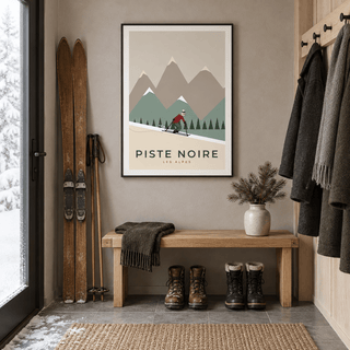 Les Alpes ski print in a ski entryway at Christmas