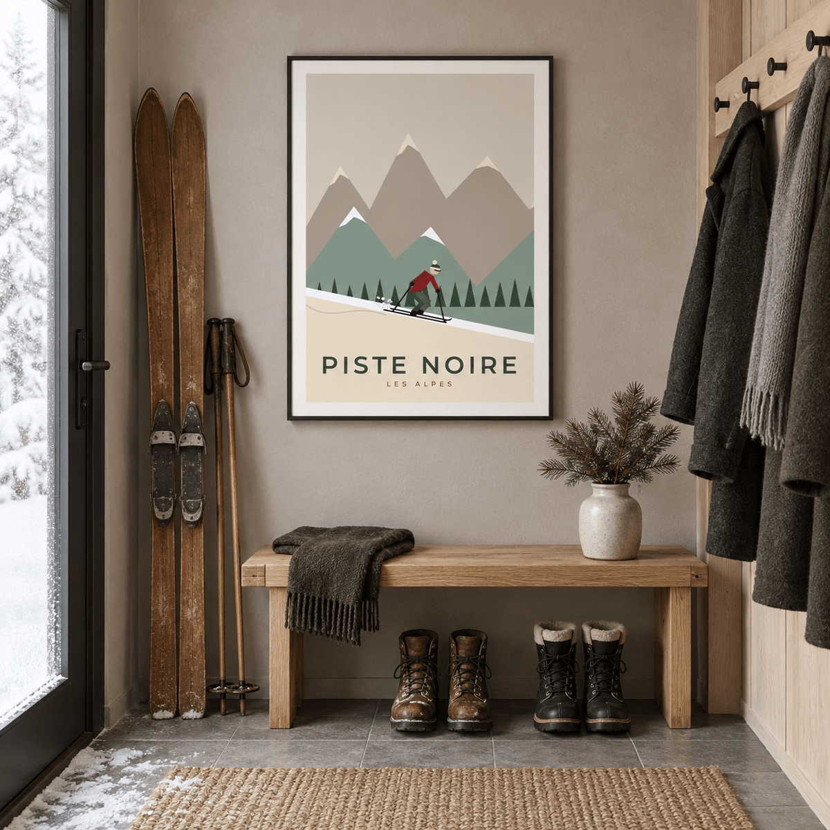Les Alpes ski print in a ski entryway at Christmas
