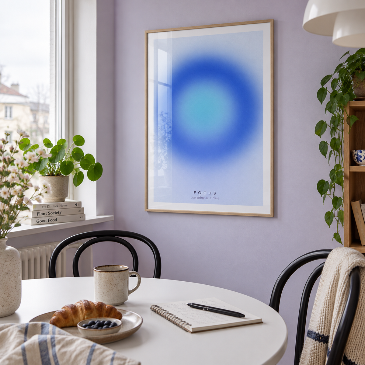 Soft blue gradient print in a dining nook against a lilac wall