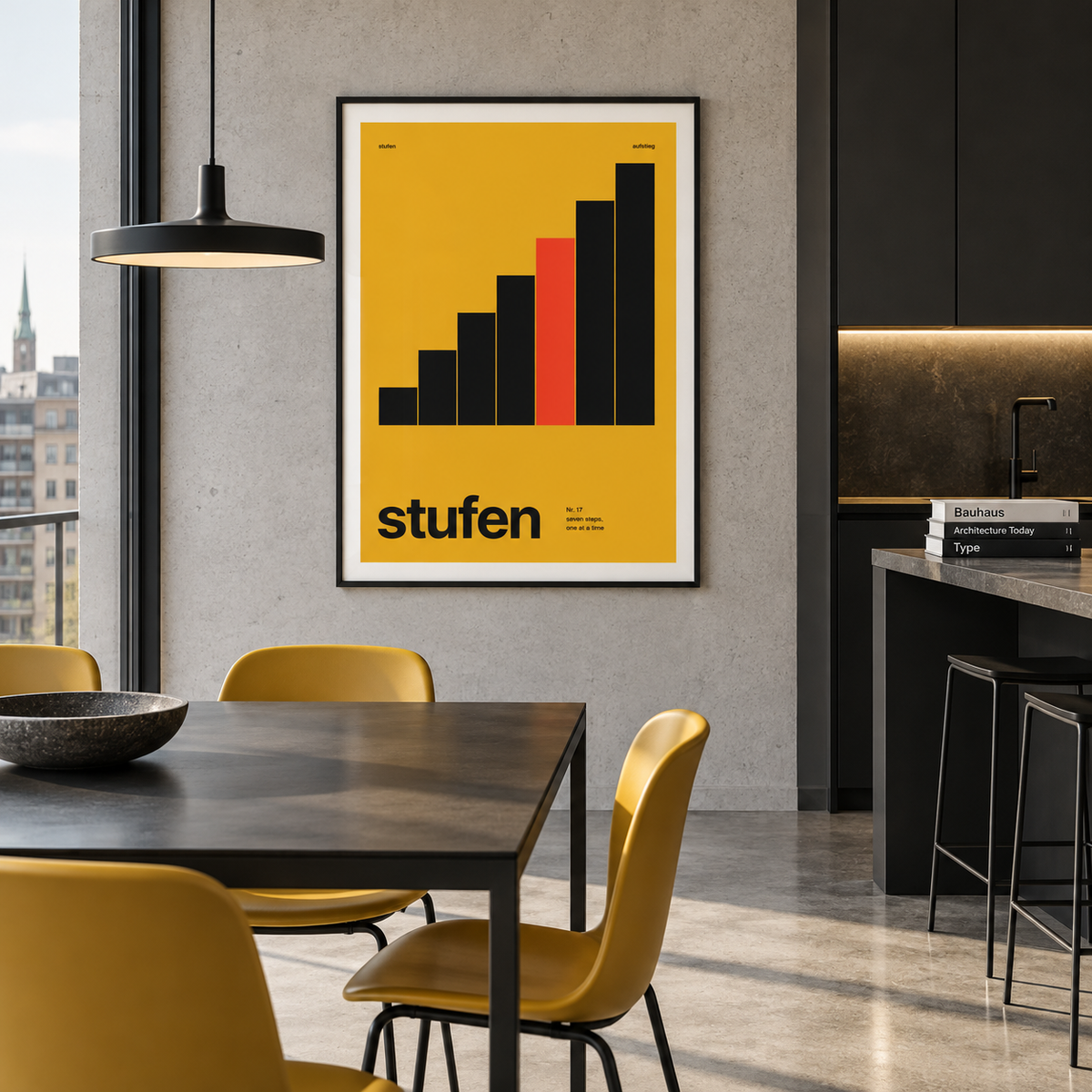 Swiss style bar chart print on the wall of a kitchen diner