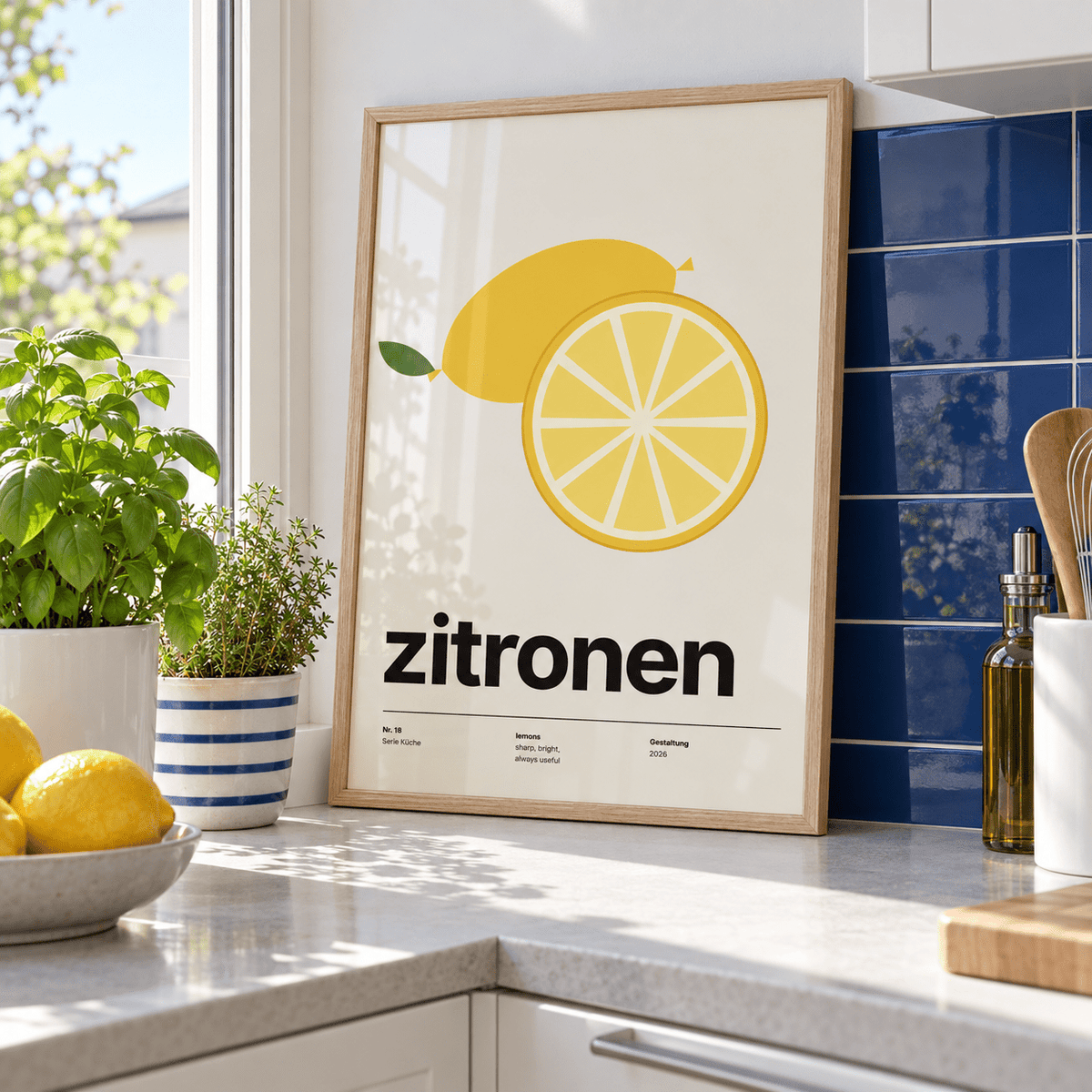 Swiss style lemon typography print in a kitchen window against a cobalt wall