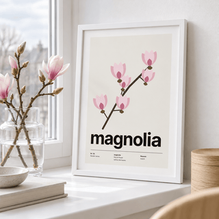 Swiss style magnolia print on a window ledge in soft daylight