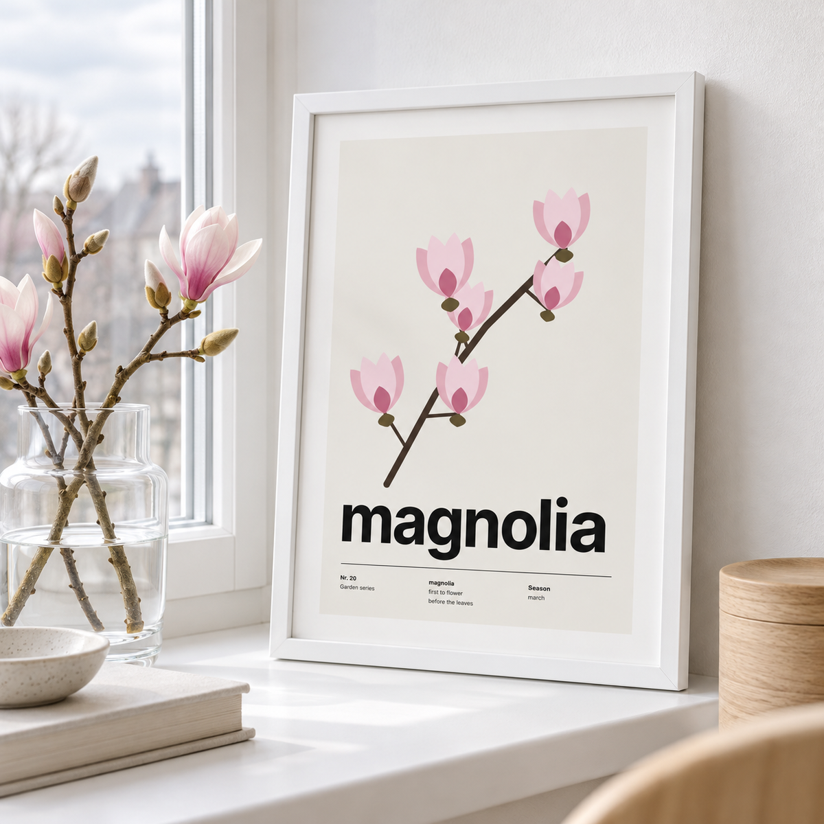 Swiss style magnolia print on a window ledge in soft daylight
