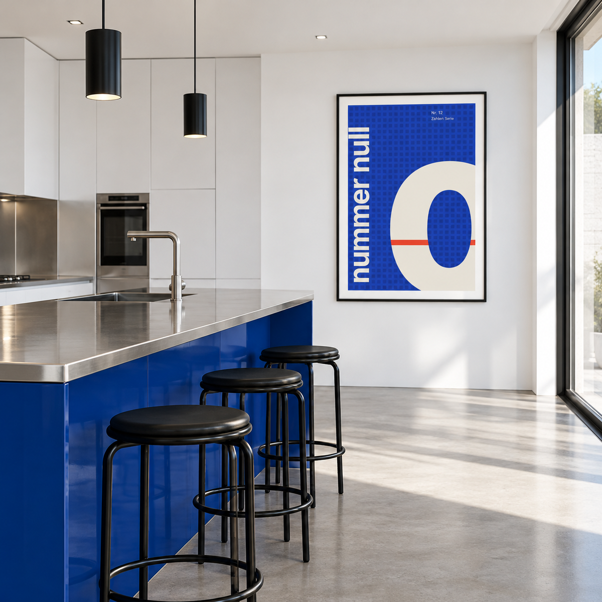 Swiss style number poster on the wall of a kitchen diner