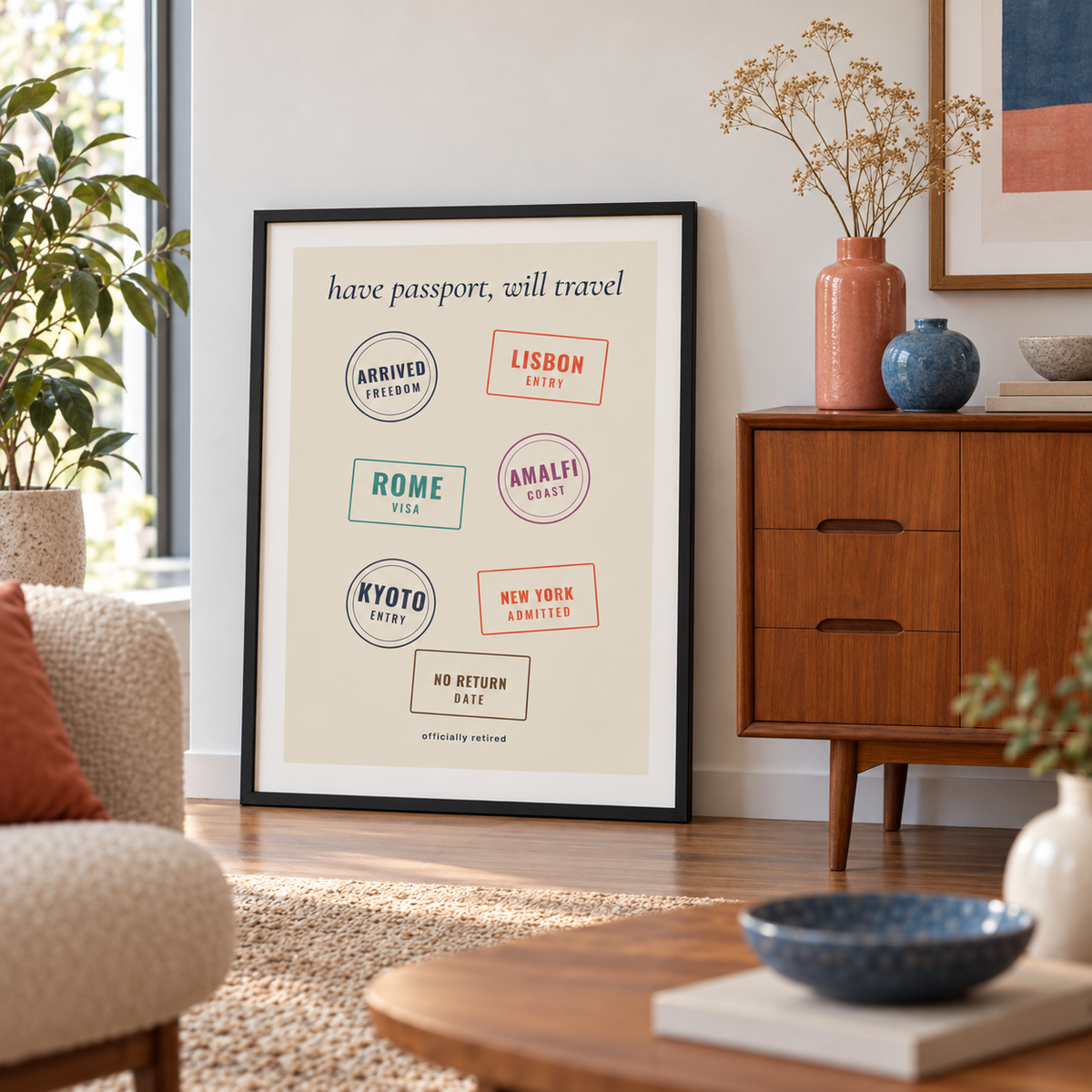 Have passport will travel print above a sofa in a living room